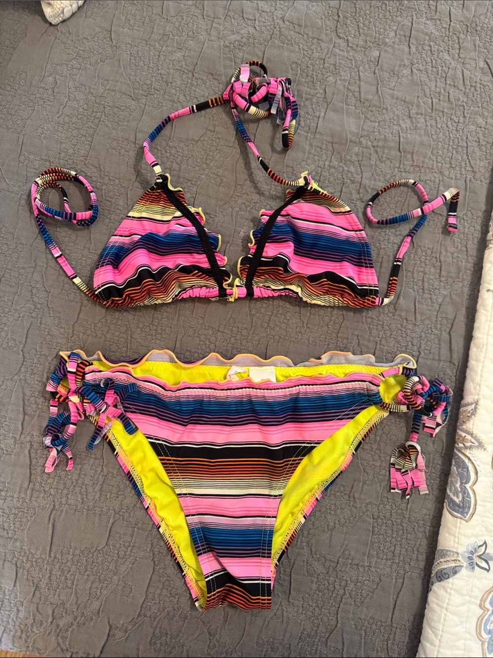 Striped Pink & Yellow Tie-Side Bikini Set - Women